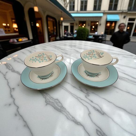 Sevron Powder Blue Lace Tea Coffee Cup Saucer Silver Trim 1950's Set of 2 - Picture 1 of 16